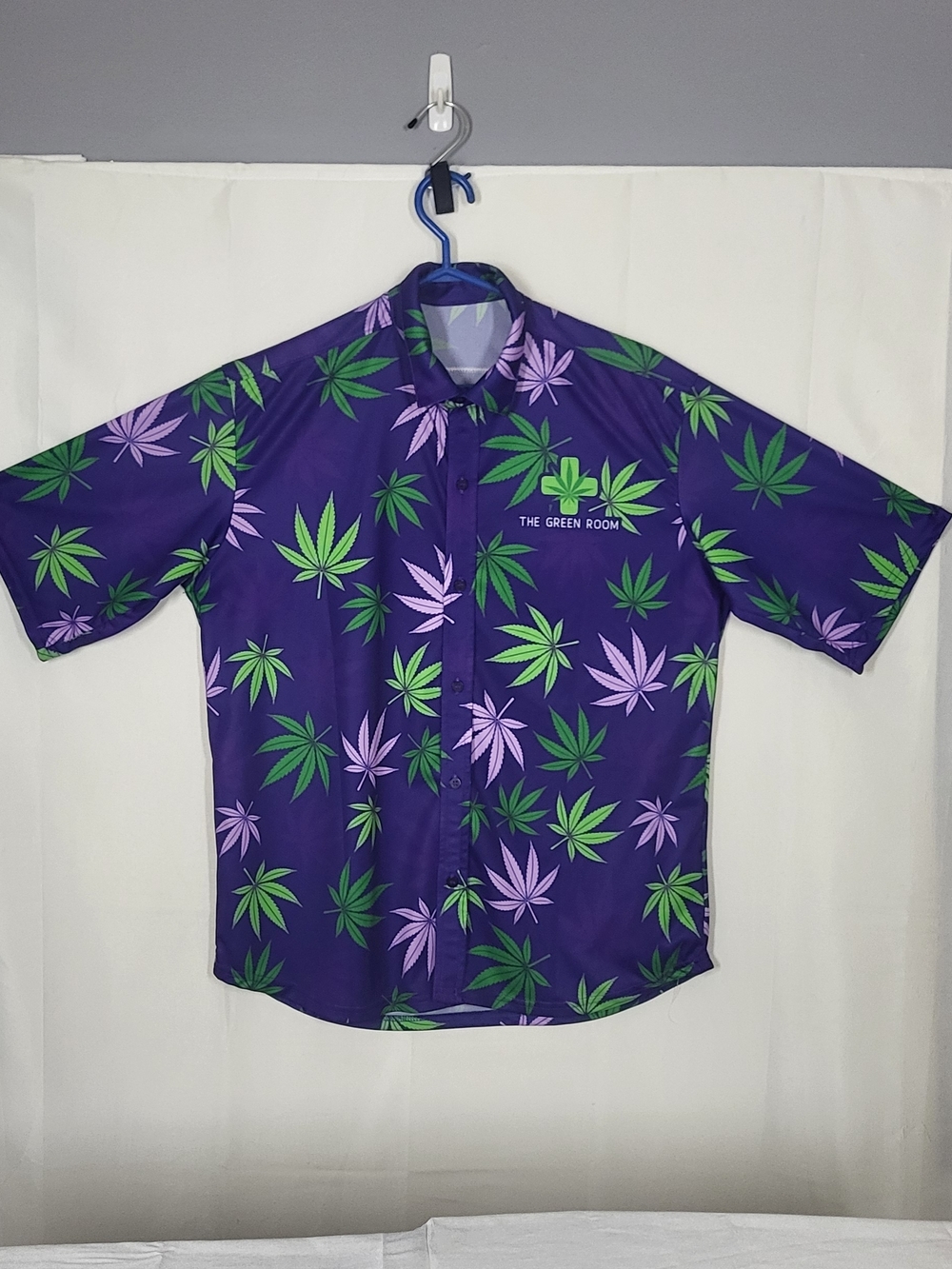 Purple Short-Sleeve Button-Down Shirt with Green & Lavender Leaf Print